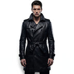 Men’s Custom Tailored Genuine Leather Trench Coat Belted Coat Jacket