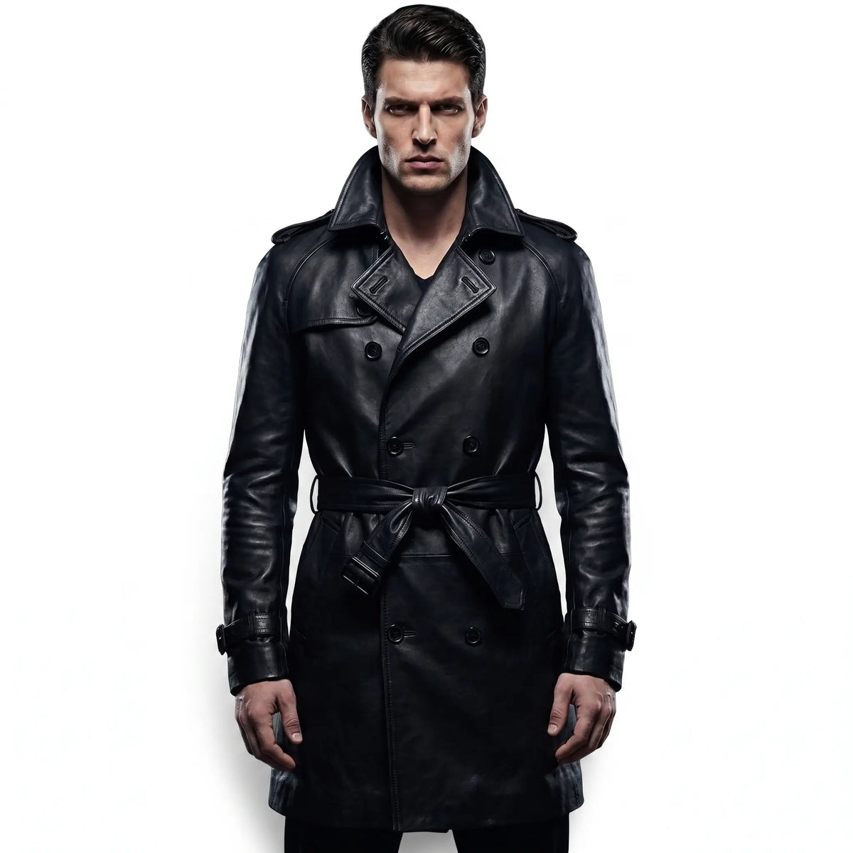 Men’s Custom Tailored Genuine Leather Trench Coat Belted Coat Jacket