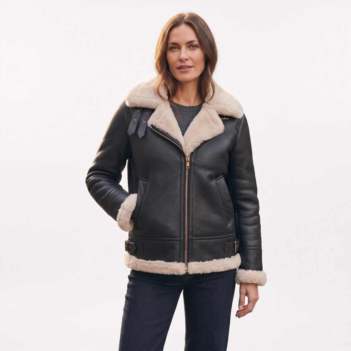 Custom Tailored Women’s Hooded Sheepskin B3 Flying Pilot Genuine Leather Jacket