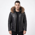 Custom Tailored Black Real Sheep Skin Leather Puffer Padded Raccoon Hood Jacket