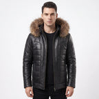 Custom Tailored Black Real Sheep Skin Leather Puffer Padded Raccoon Hood Jacket