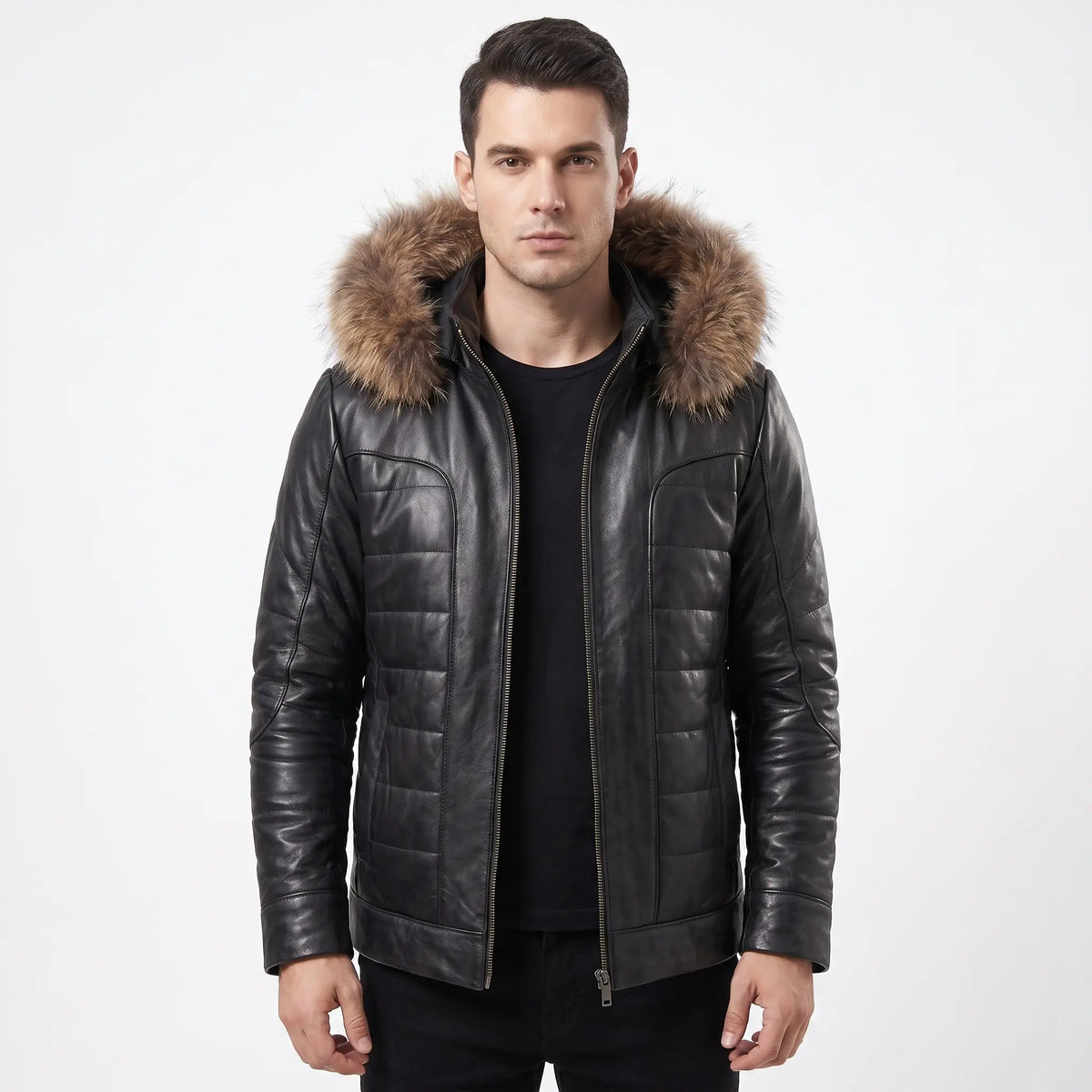 Custom Tailored Black Real Sheep Skin Leather Puffer Padded Raccoon Hood Jacket