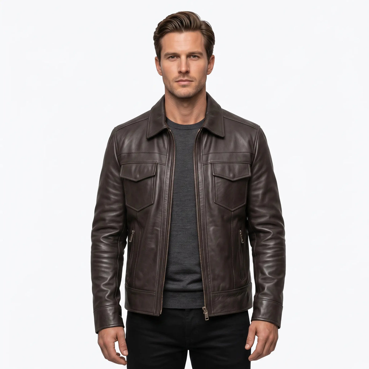 Real Leather Biker Jacket-Brown