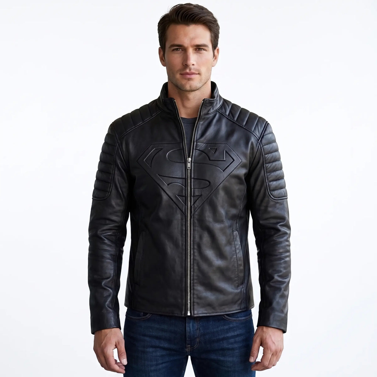 Custom Tailored Men’s Black Genuine Lambskin Motorcycle Superman Leather Jacket