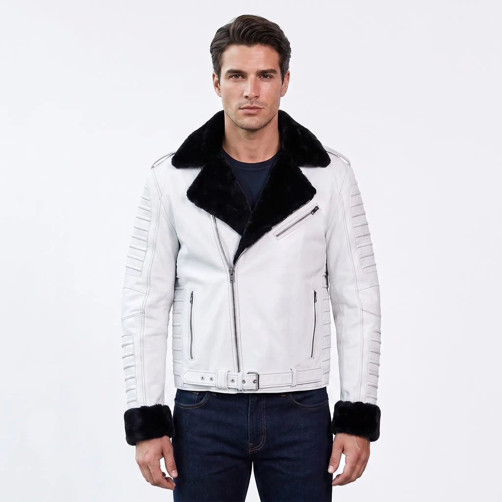 Custom Tailored Men’s White Genuine Sheep Skin Leather Biker Jacket Fur Collar