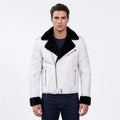 Custom Tailored Men’s White Genuine Sheep Skin Leather Biker Jacket Fur Collar
