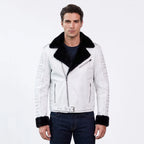 Custom Tailored Men’s White Genuine Sheep Skin Leather Biker Jacket Fur Collar