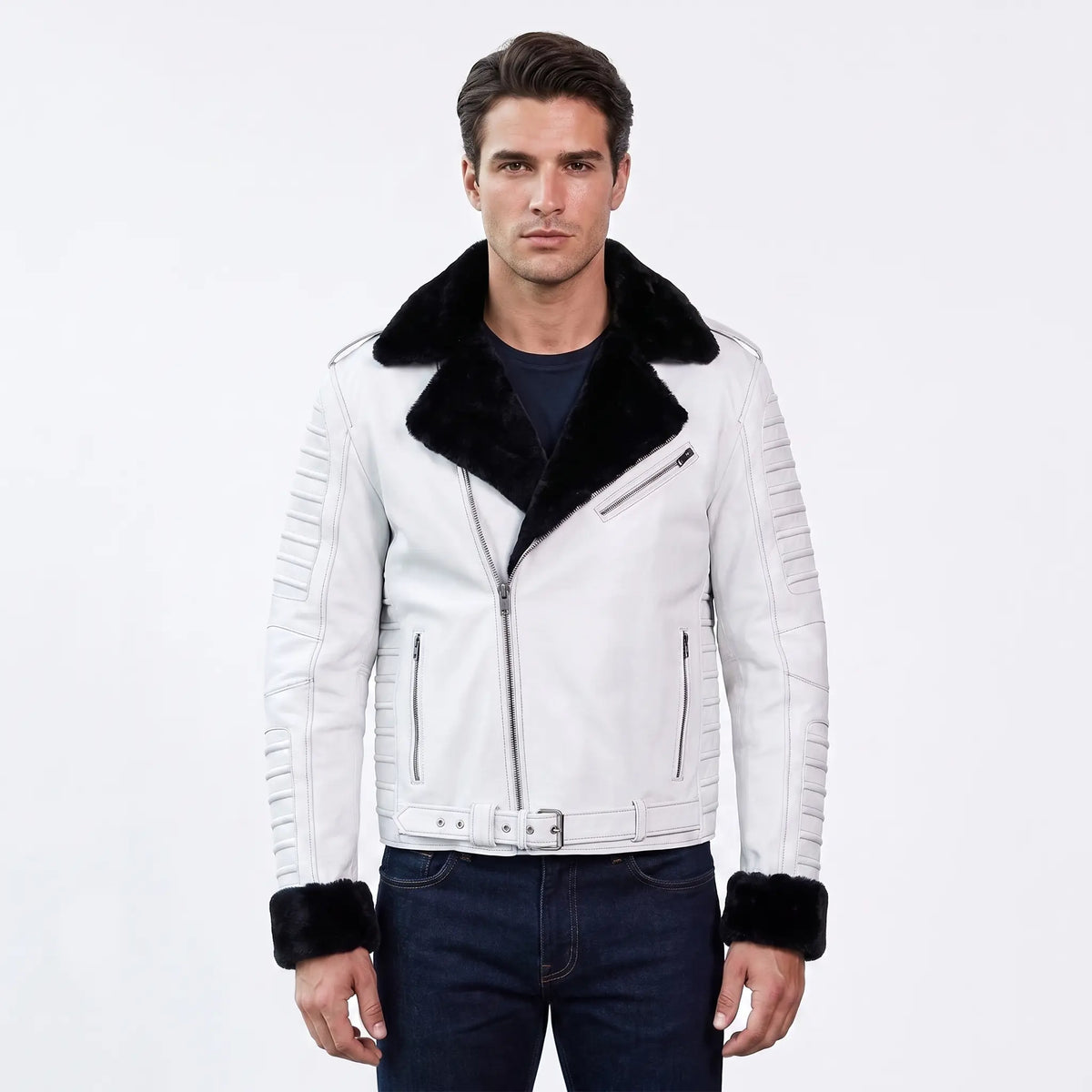Custom Tailored Men’s White Genuine Sheep Skin Leather Biker Jacket Fur Collar