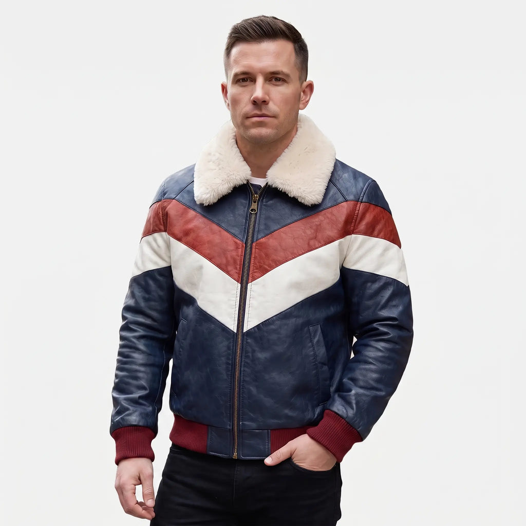 Men’s Custom Tailored Genuine Leather V Bomber Jacket fur Collar Red/White/Navy