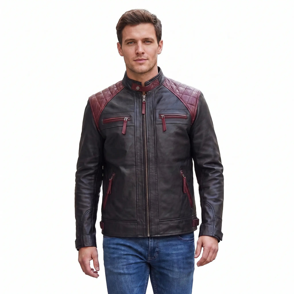 Custom Tailored Men’s Cafe Racer Biker Quilted Genuine Sheep Leather Jacket
