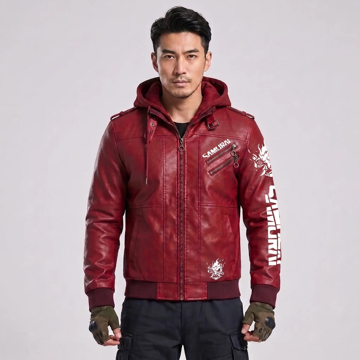 Custom Tailored CyberPunk 2077 Inspired Red Samurai Biker Genuine Leather Jacket