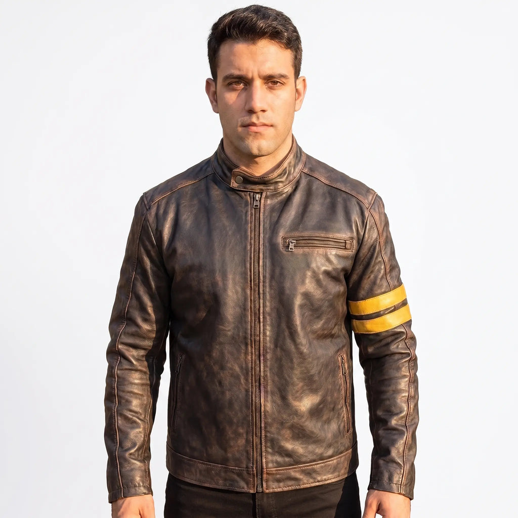 Custom Tailored Men’s Café Racer Genuine Sheepskin Leather Black Rub-off Jacket