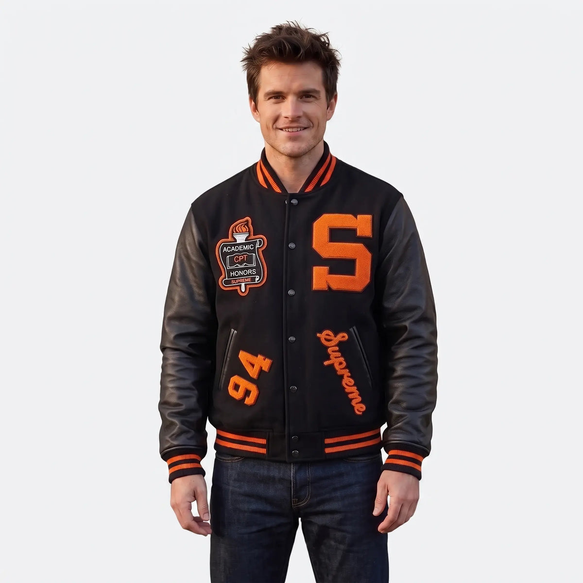 Custom Tailored Men’s SUPREME Team Varsity Inspired Genuine Sheepskin Leather Jacket
