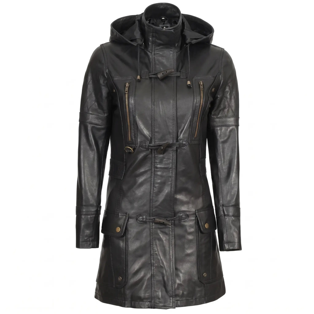 Women’s Custom Tailored Black Hooded Genuine Sheepskin Leather Coat