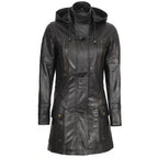 Women’s Custom Tailored Black Hooded Genuine Sheepskin Leather Coat