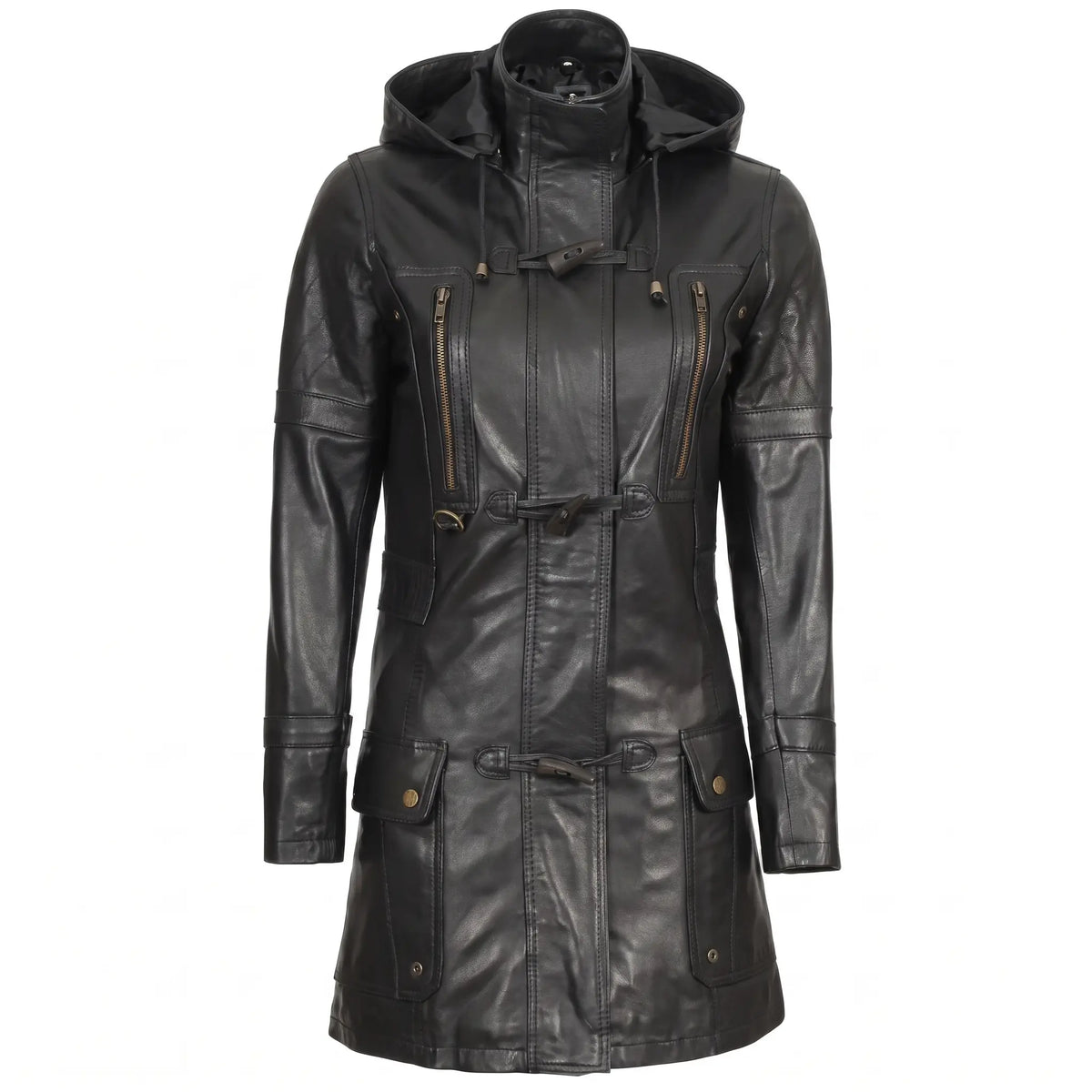 Women’s Custom Tailored Black Hooded Genuine Sheepskin Leather Coat