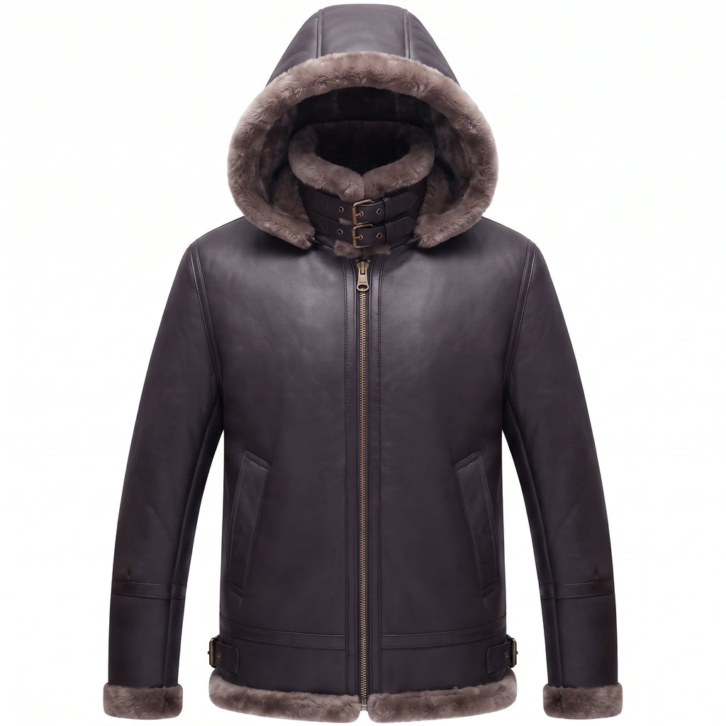 B3 Genuine Leather Aviator Flight Fur Shearling Bomber Hoodie Jacket