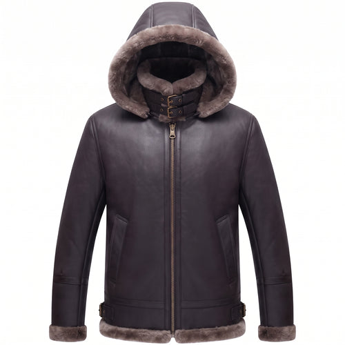 B3 Genuine Leather Aviator Flight Fur Shearling Bomber Hoodie Jacket