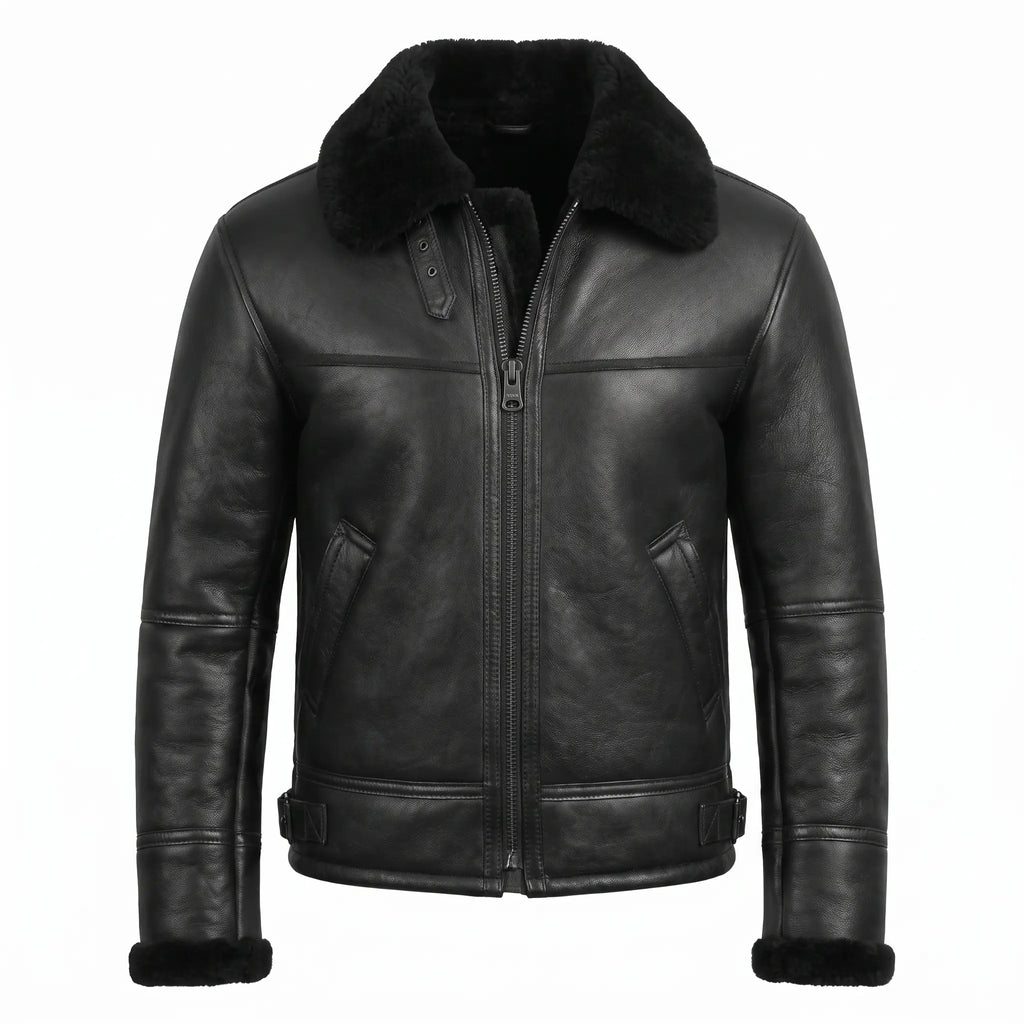Men’s Sheepskin Shearling Fur Bomber B3 Aviator Black Leather Jacket