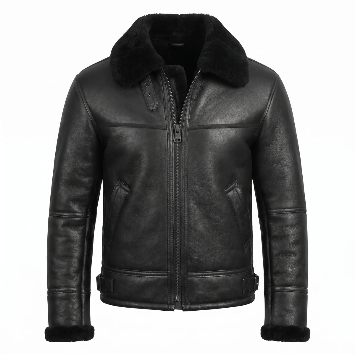 Men’s Sheepskin Shearling Fur Bomber B3 Aviator Black Leather Jacket