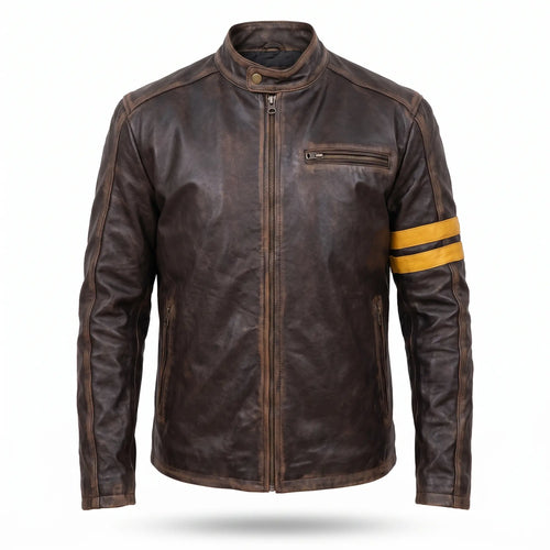 Custom Tailored Men’s Café Racer Genuine Sheepskin Leather Black Rub-off Jacket