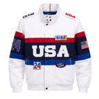 Custom Tailored Men’s Classic White Team USA Olympic Genuine Sheepskin Leather Jacket with USA Flag