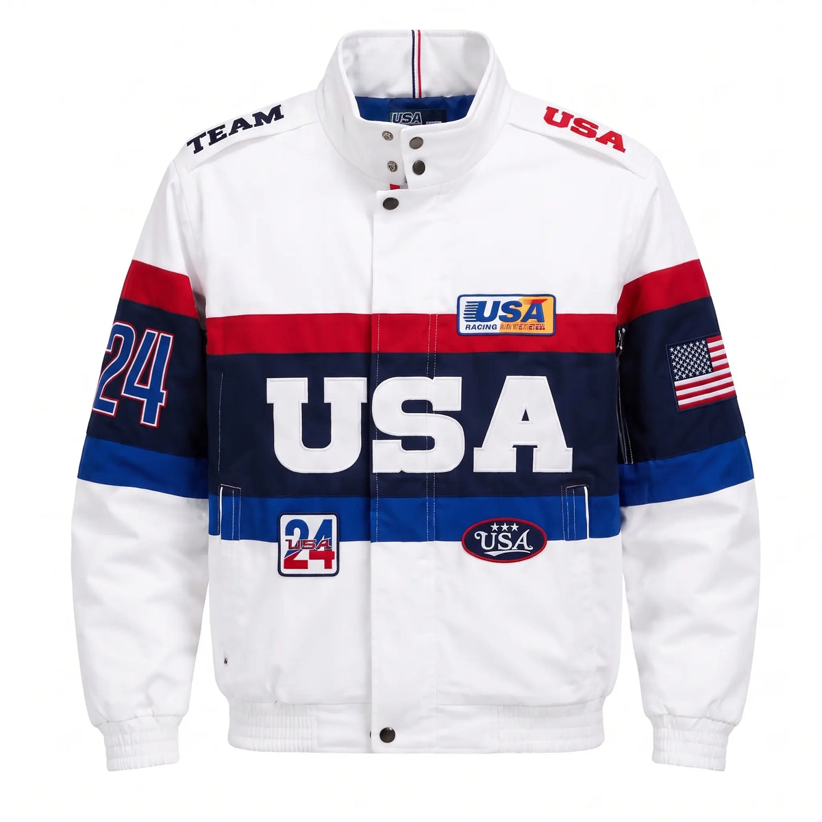 Custom Tailored Men’s Classic White Team USA Olympic Genuine Sheepskin Leather Jacket with USA Flag