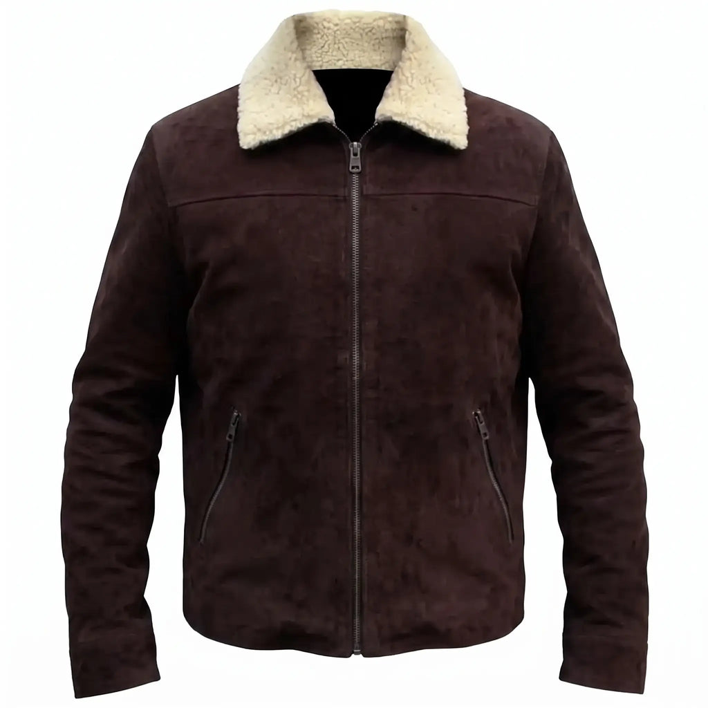 Custom Tailored Men’s Brown Genuine Sheepskin Leather Jacket with Genuine Shearling Fur Collar