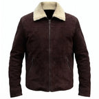 Custom Tailored Men’s Brown Genuine Sheepskin Leather Jacket with Genuine Shearling Fur Collar