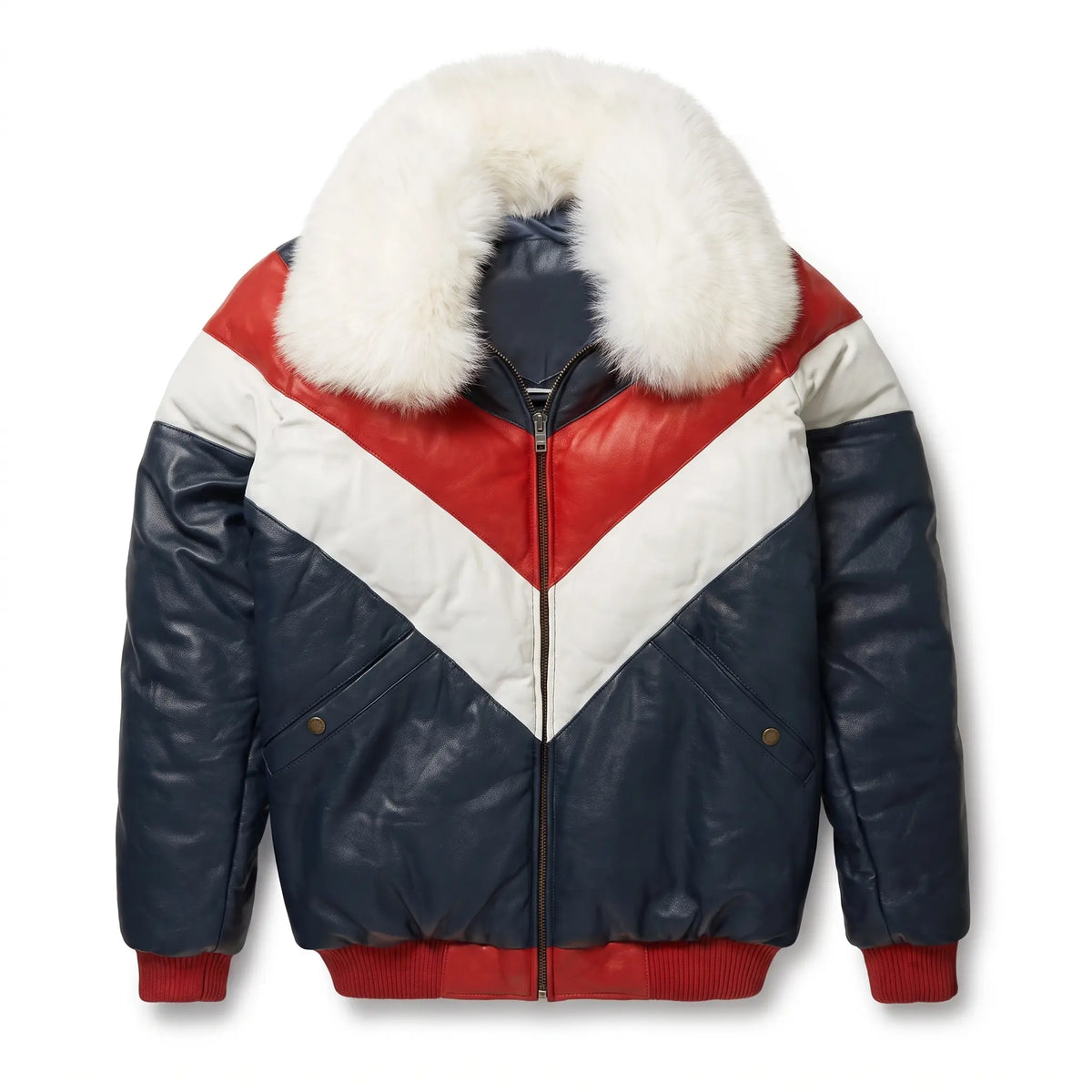 Men’s Custom Tailored Genuine Leather V Bomber Jacket fur Collar Red/White/Navy