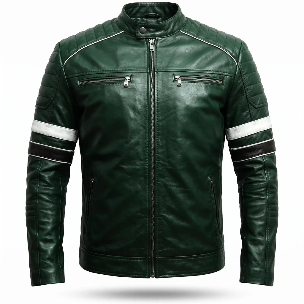 Custom Tailored Men’s Dark Green Motorcycle Genuine Leather Jacket
