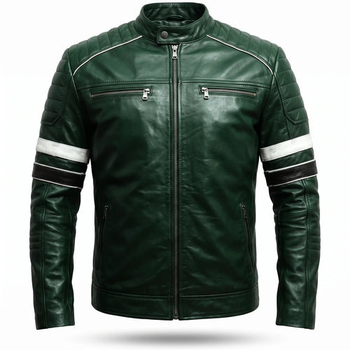 Custom Tailored Men’s Dark Green Motorcycle Genuine Leather Jacket
