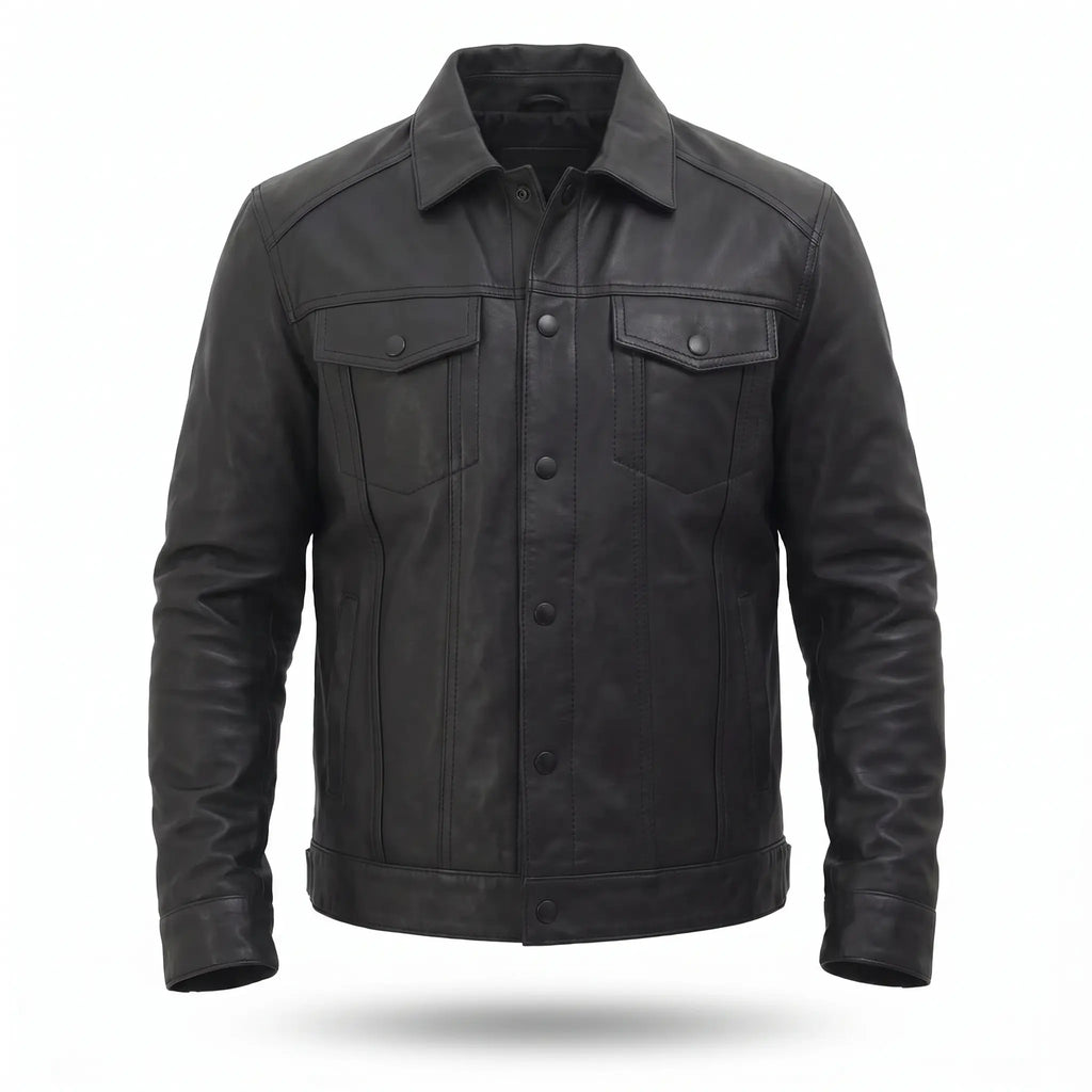 Men’s Custom Tailored Black Trucker Genuine Sheep Skin Motorcycle Jacket