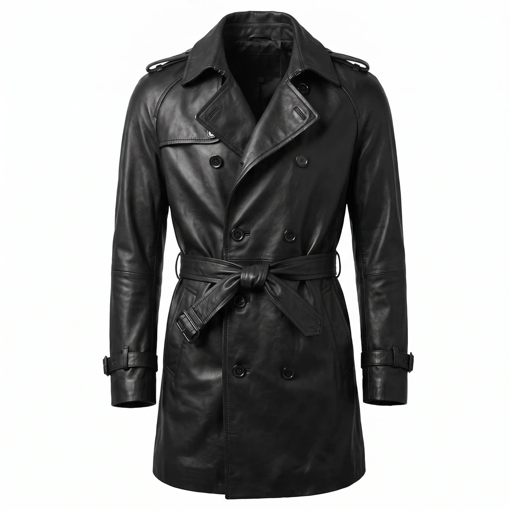 Men’s Custom Tailored Genuine Leather Trench Coat Belted Coat Jacket