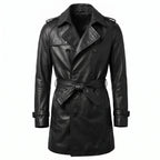 Men’s Custom Tailored Genuine Leather Trench Coat Belted Coat Jacket