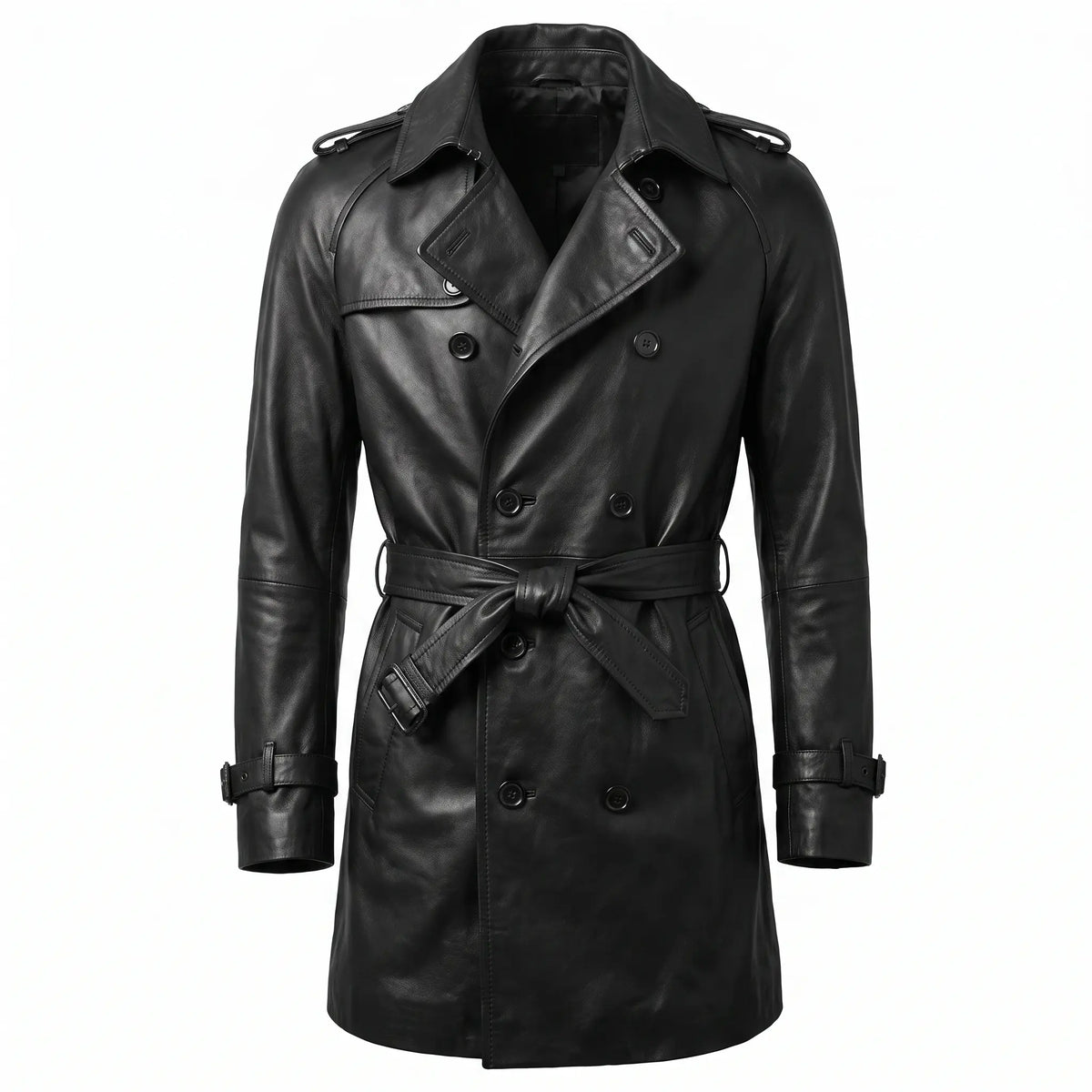 Men’s Custom Tailored Genuine Leather Trench Coat Belted Coat Jacket
