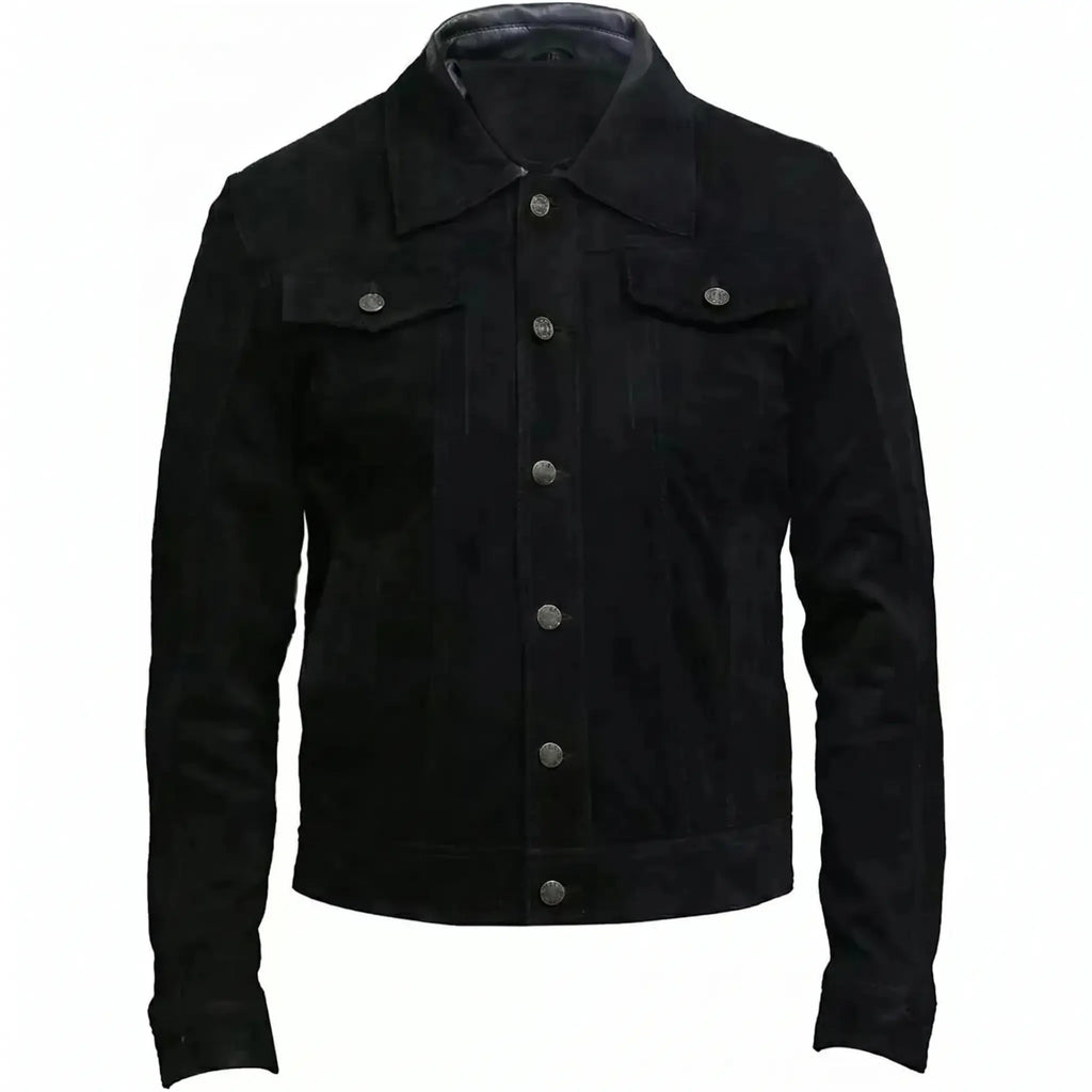 New Men’s Zipper Suede Genuine Leather Jacket Biker Motorcycle Button Black
