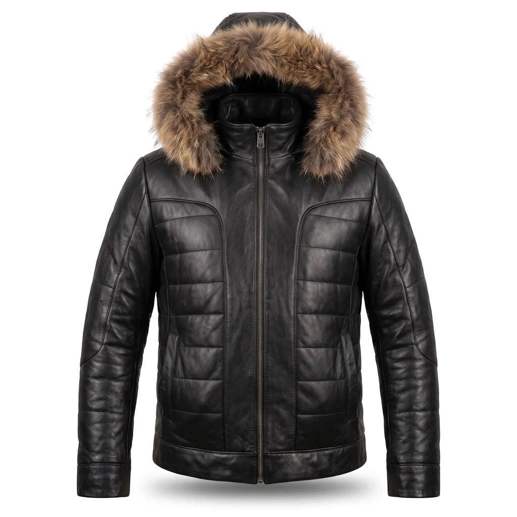 Custom Tailored Black Real Sheep Skin Leather Puffer Padded Raccoon Hood Jacket