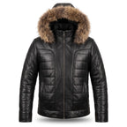 Custom Tailored Black Real Sheep Skin Leather Puffer Padded Raccoon Hood Jacket