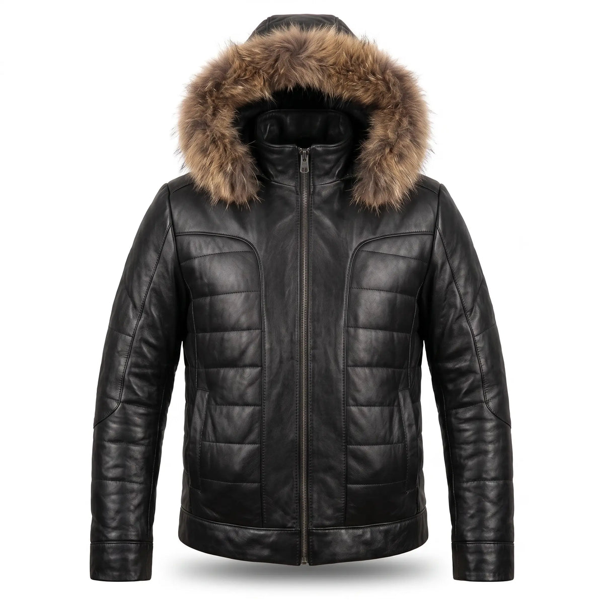 Custom Tailored Black Real Sheep Skin Leather Puffer Padded Raccoon Hood Jacket