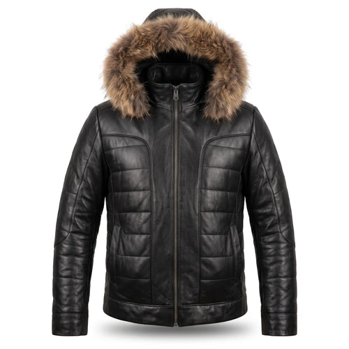 Custom Tailored Black Real Sheep Skin Leather Puffer Padded Raccoon Hood Jacket
