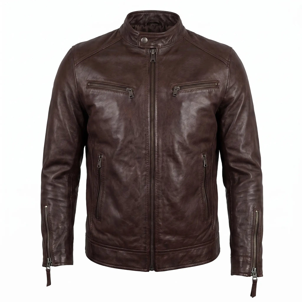 Real Leather Vintage Biker Jacket-Distressed Brown