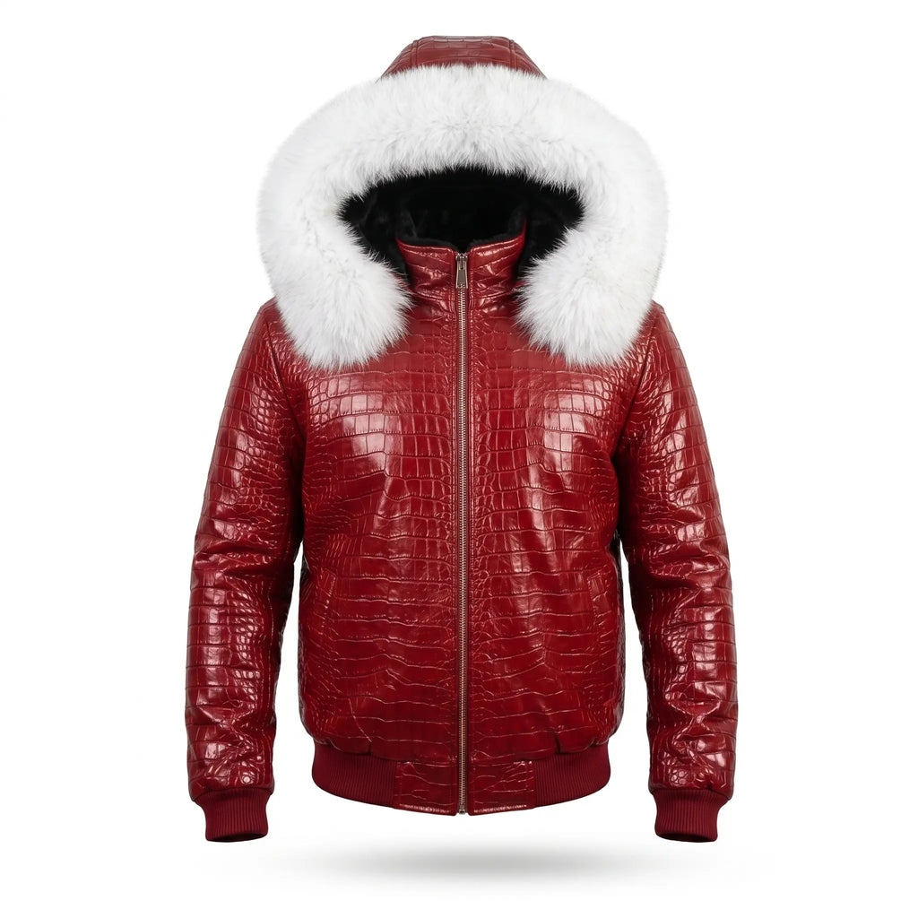 Custom Tailored Men’s Crocodile Embossed Fur Hooded Genuine Sheepskin Leather Jacket