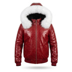Custom Tailored Men’s Crocodile Embossed Fur Hooded Genuine Sheepskin Leather Jacket
