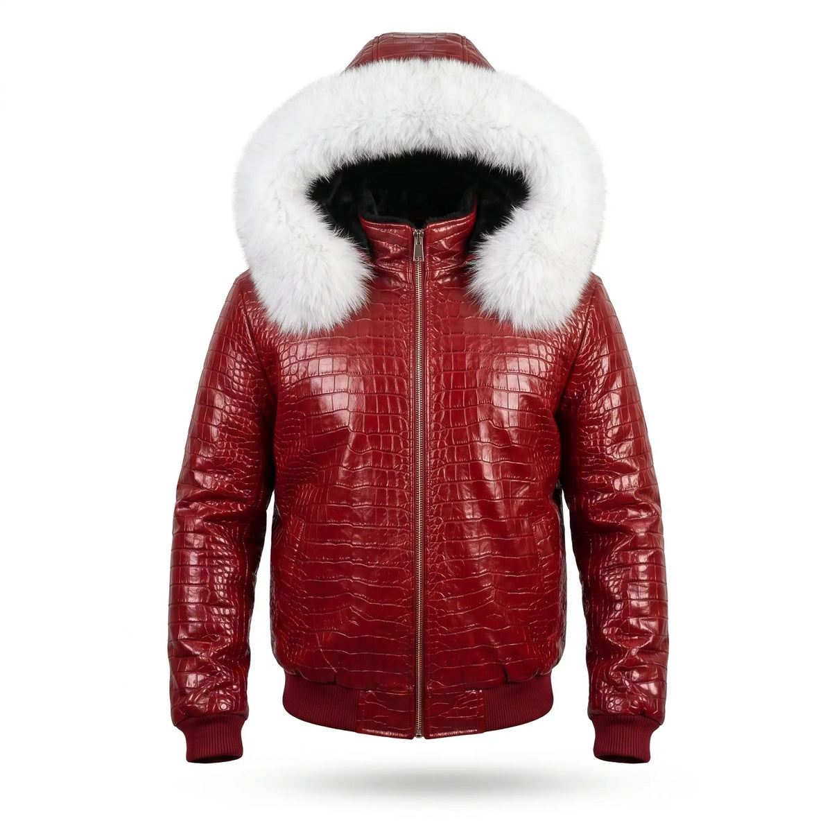 Custom Tailored Men’s Crocodile Embossed Fur Hooded Genuine Sheepskin Leather Jacket