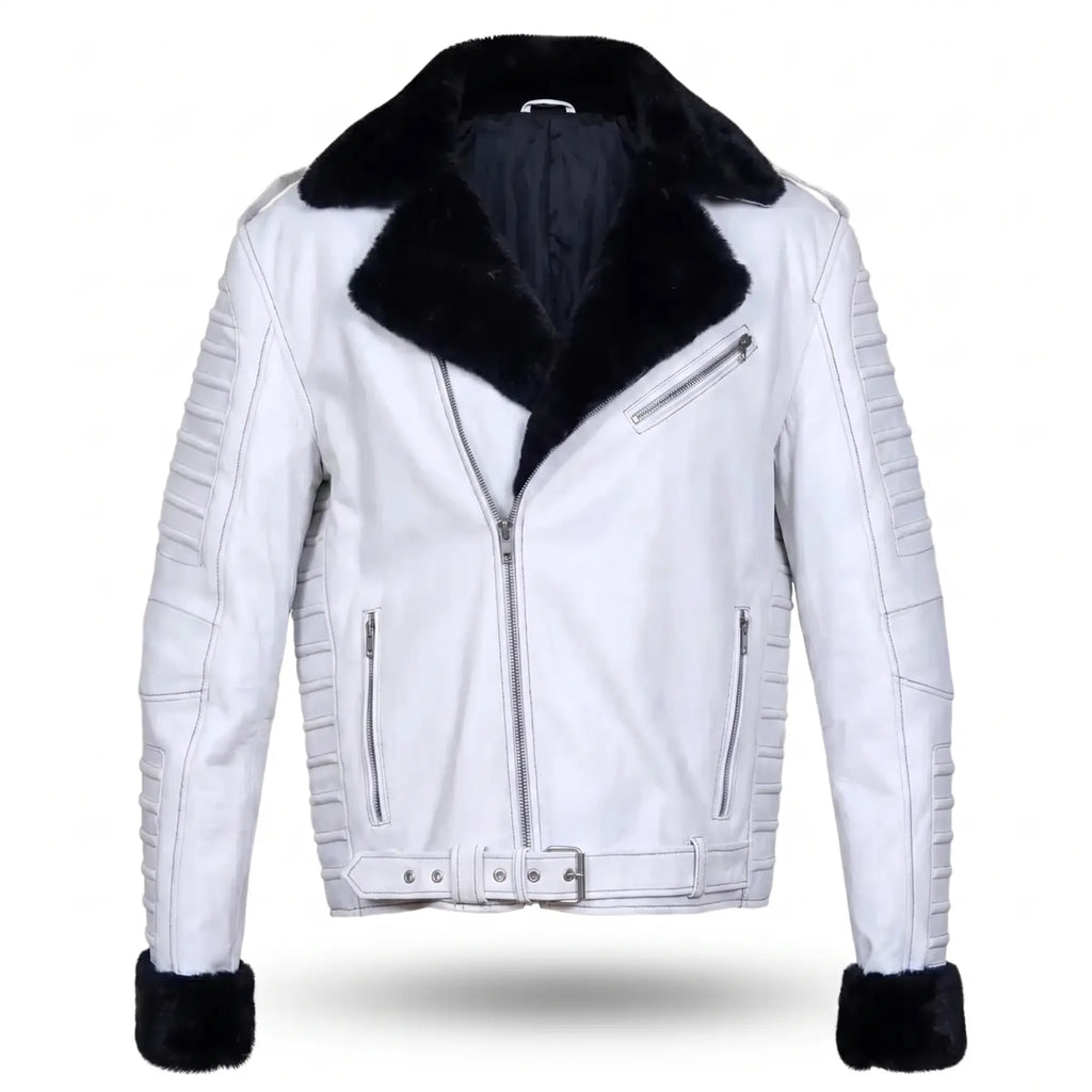 Custom Tailored Men’s White Genuine Sheep Skin Leather Biker Jacket Fur Collar