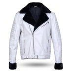 Custom Tailored Men’s White Genuine Sheep Skin Leather Biker Jacket Fur Collar