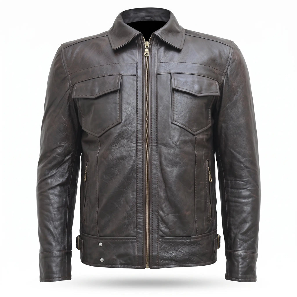Real Leather Biker Jacket-Brown