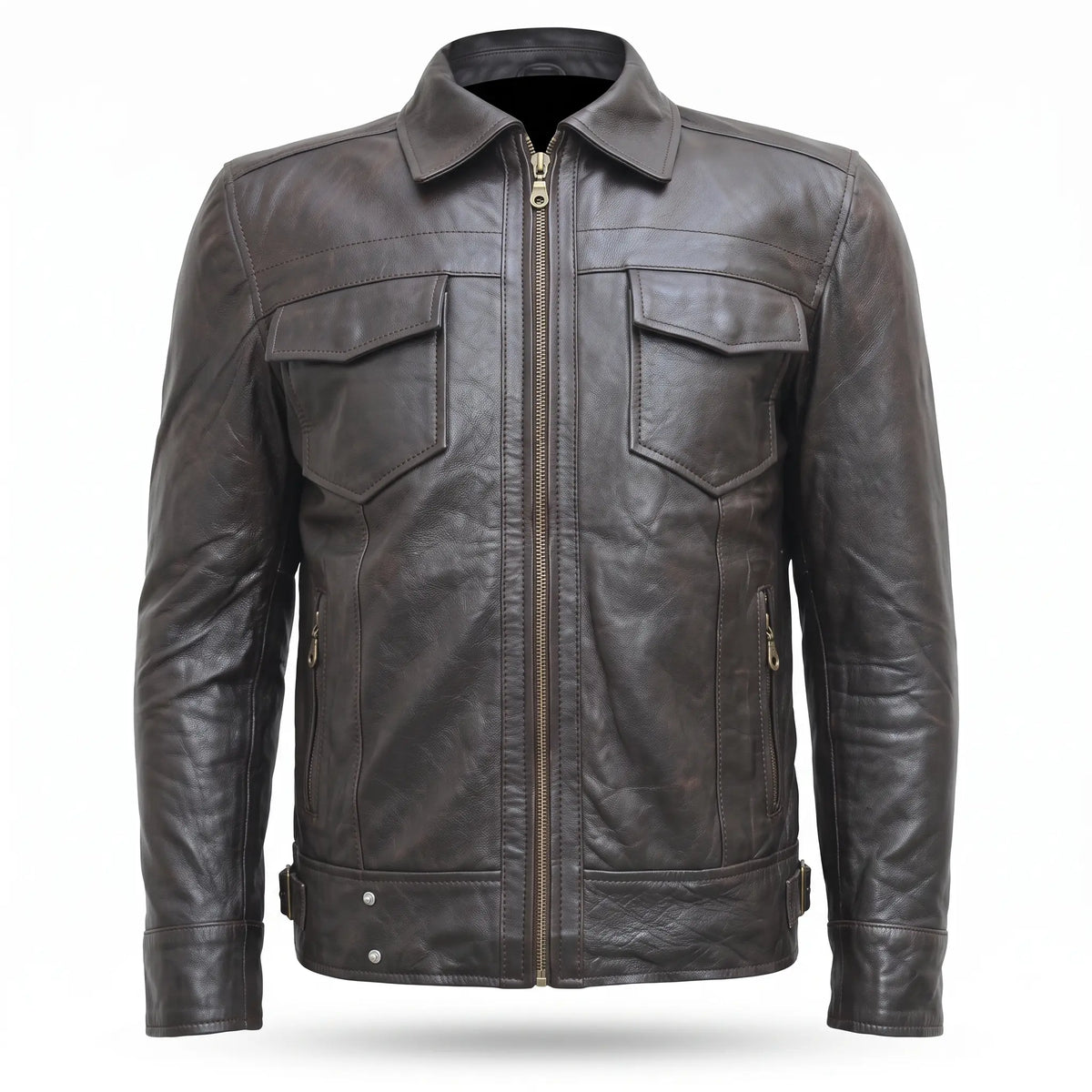 Real Leather Biker Jacket-Brown