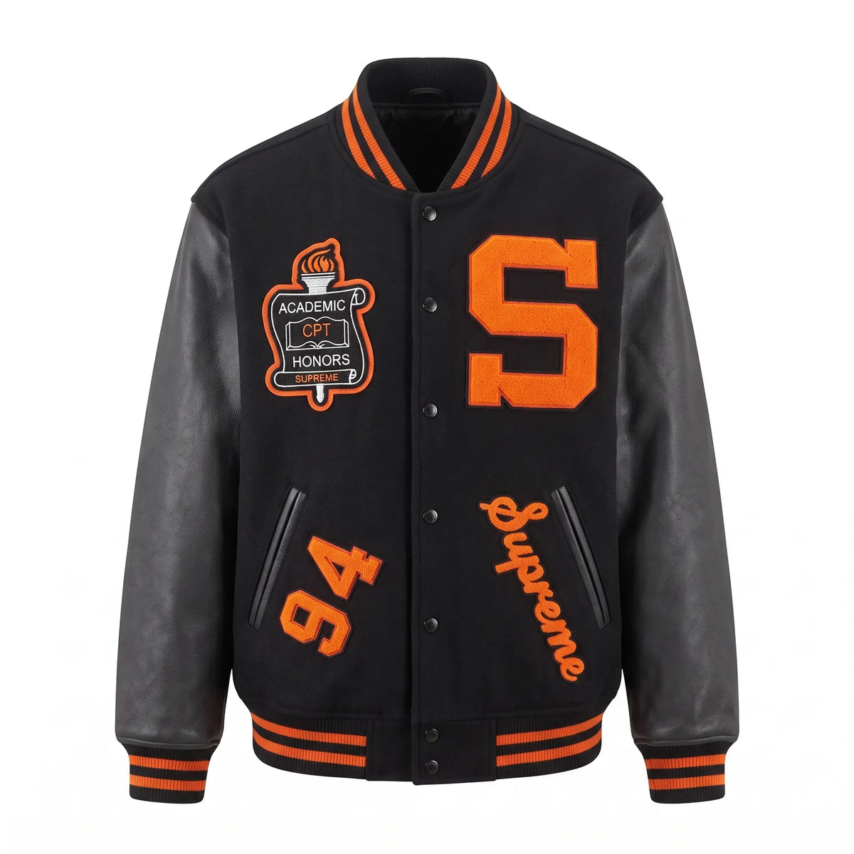 Custom Tailored Men’s SUPREME Team Varsity Inspired Genuine Sheepskin Leather Jacket